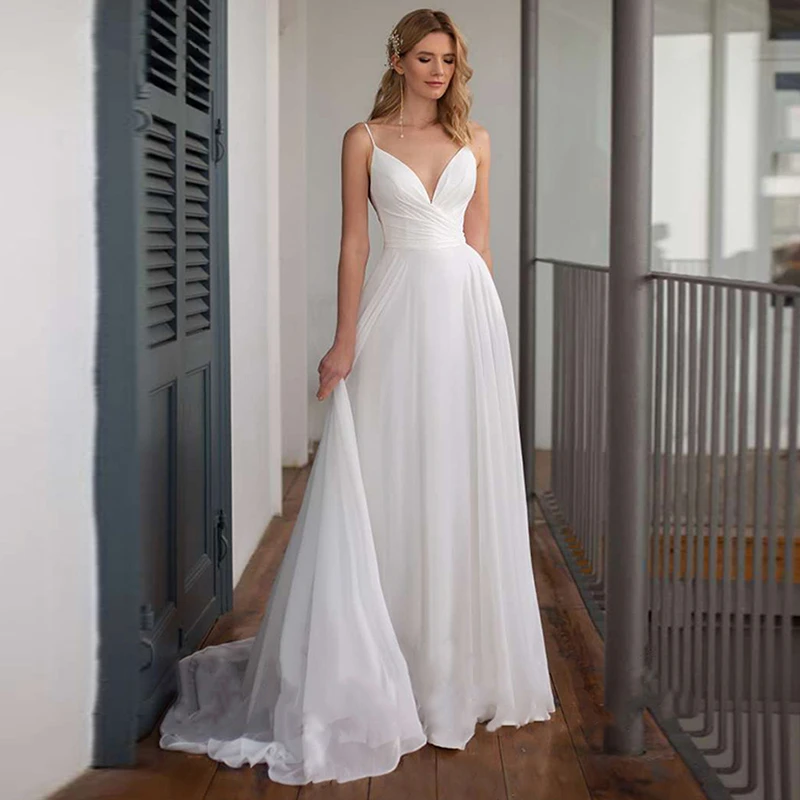 

Boho A-line Chiffon Wedding Dress 2021 Sexy Spaghetti Straps Backless Pleats Sweep Train V-neck Bridal Gowns
