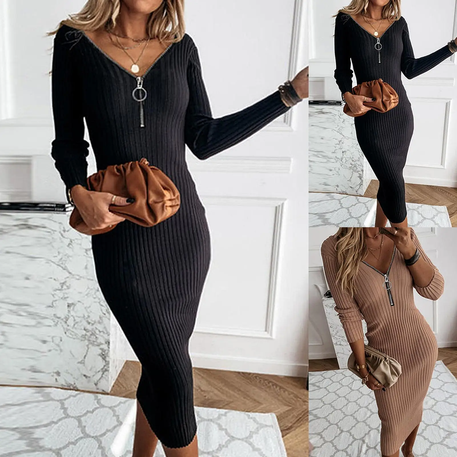 

Sexy Women Autumn Zip V Neck Long Sleeve Backless Ribbed Knit Bodycon Midi Dress
