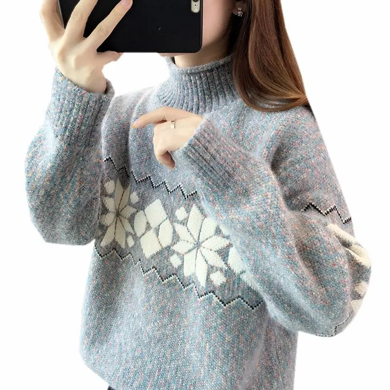 

Knitted Basic Sweater Pullover Turtleneck Print Long Sleeves Women Autumn Winter Fashion Casual Warm Soft Tops