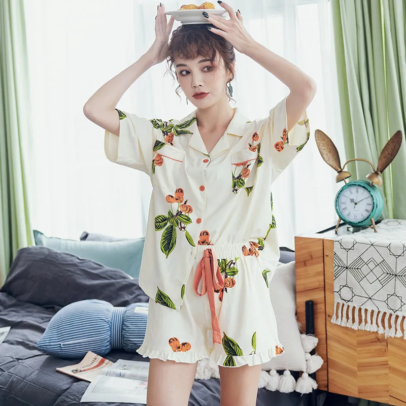 

Women Pajamas Sets with Pants Short Sleeve Turn-down Collar with Pocket Pyjamas Cute Cartoon Casual Top+Pants Pijamas