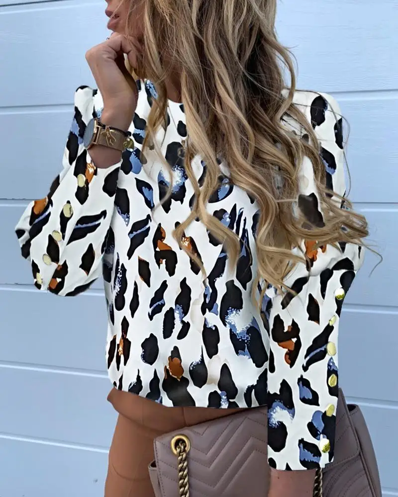 Абстрактный Леопардовый принт с длинным рукавом Поппер манжеты блузка |