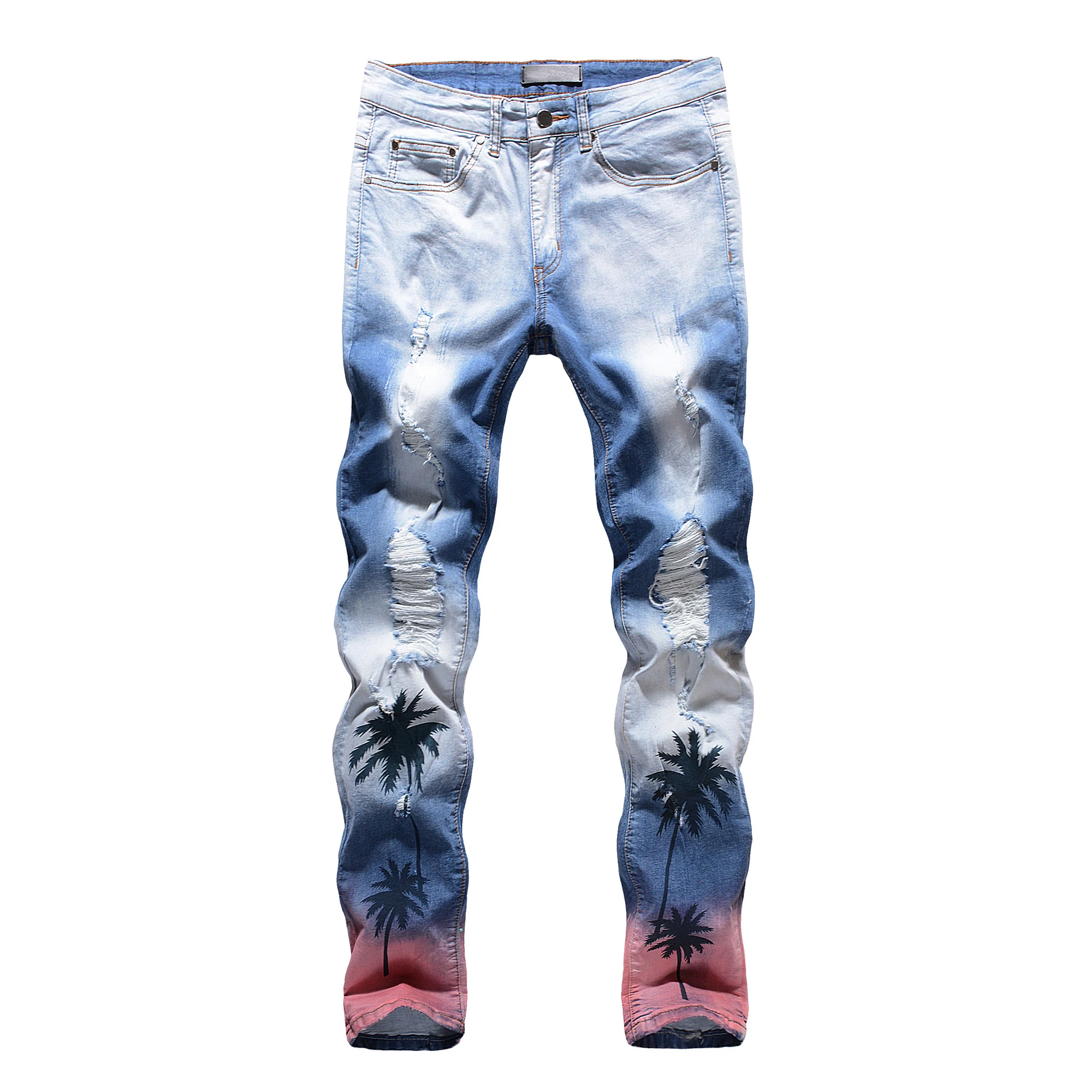 

New Men's male fashion casual coconut palm printed colored ripped jeans Slim fit holes distressed stretch denim pants trousers