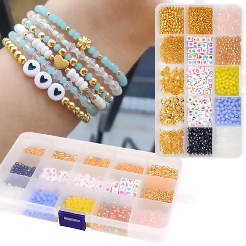 

Jewelry Making Kit Box Alphabet Letter Bead Natural Stone Wood Crystal Polymer Clay Spacer Bead Kit Set Charm Elastic String Box