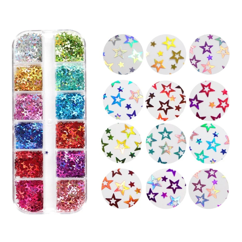 

12 Grids/Box Holographic Glitter Hollow Stars Shape Sequins Epoxy Resin Filling DIY Crafts Jewelry Making Flake Nail Art