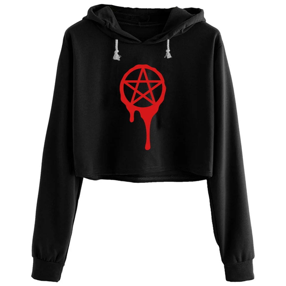 

Pentagram Pagan Blood Wicca Crop Hoodies Women Anime Emo Aesthetic Kpop Pullover For Girls