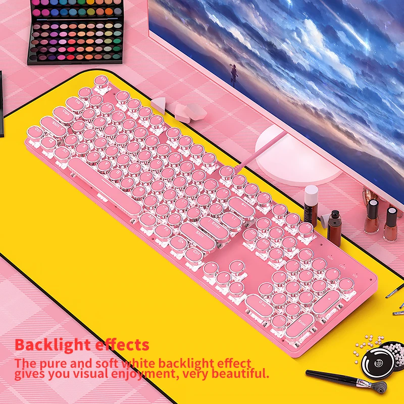 

Real Mechanical Keyboard Cute Girl Net Red Girl Heart Pink Round Button Punk Keyboard Mechanical Keyboard Computer Game Keyboard