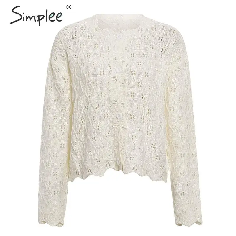 Simplee O-neck elegant white knitted women cardigan Long sleeve single-breasted female Casual autumn winter |