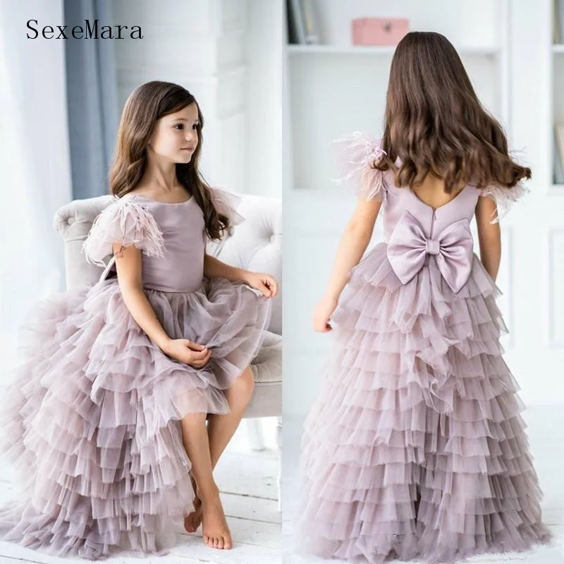

Custom Little Girl Birthday Party Dress Pageant Gown High Low Puffy Tiered Gown with Feather Flower Girl Dress