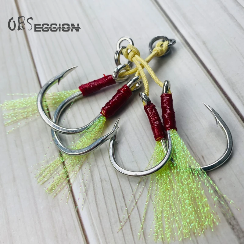 OBSESSION Морская рыбалка Jigs Assist Double Hook 3/0 5/0 7/0 4 набора / упак. Нить перо