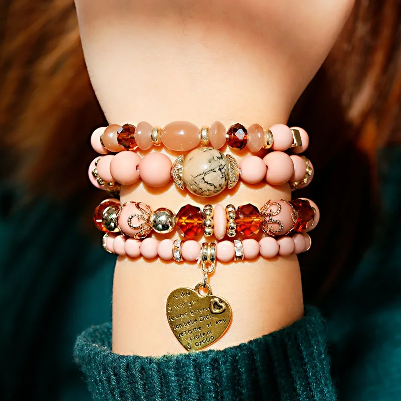

OIQUEI 4Pcs/Lot Women's Bracelets&Bangles Boho Vintage Gold Heart Pendant Natural Stone Beads Wrap Bracelets pulseira feminina