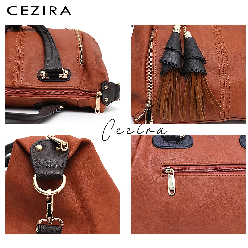 CEZIRA, роскошный фирменный дизайн, Бостонская женская сумка на плечо из Веганской кожи, Женская шикарная сумка из искусственной кожи с кисточками, женская модная сумка через плечо на молнии