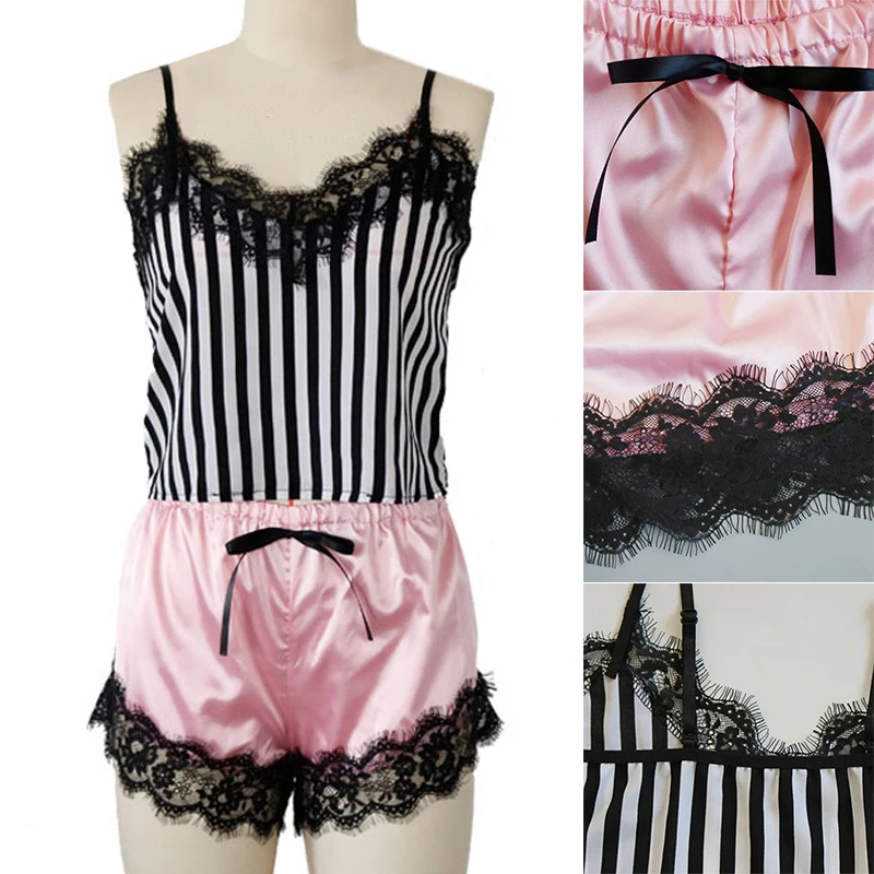 

Eyelash Lace Satin Striped Cami With Shorts Women Pajamas Sexy Sleepwear Set Summer Ladies Shorts Set Casual Nightwear