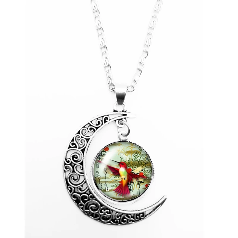 2020 New Cartoon Cute Bird and Flower Pattern Series Glass Cabochon Pendant Moon Necklace Girl Jewelry Gift | Украшения и