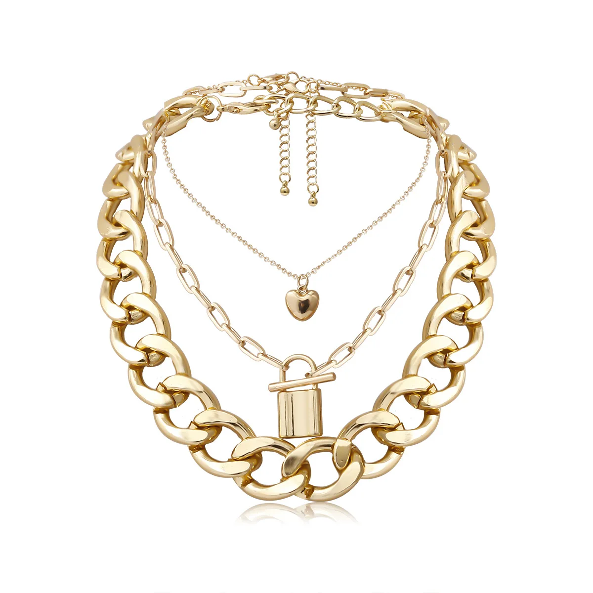 

QW Cross-Border Ornament Simple Heart-Shaped Thick Chain Punk Necklace Multi-Layer OT Clip Lock-Shaped Set Necklace