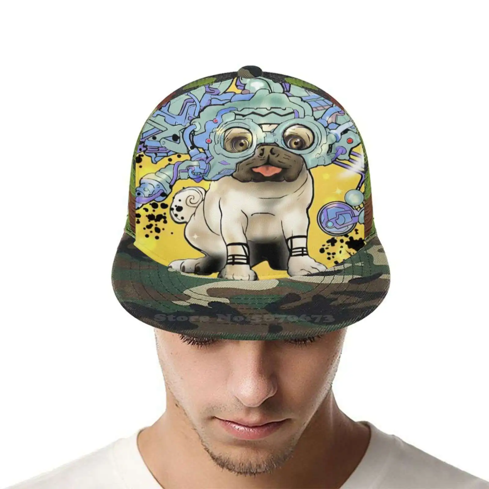 Сверх-Мопс. В стиле хип-хоп на плоской подошве шляпа с сеткой машина мопса Юмор