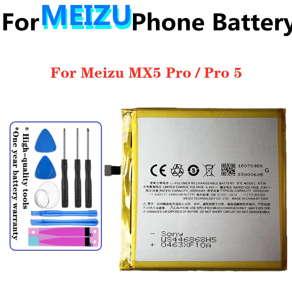 

New 3050mAh BT-56 BT56 Battery For Meizu Meizy MX5 Pro / Pro 5 Pro5 M5776 3050mAh High Quality Replacement Battery + Tools