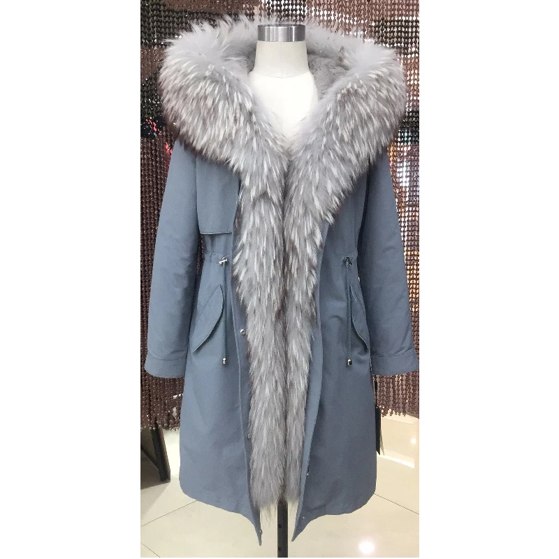 Женская зимняя парка пальто куртка воротник из енота Съемная подкладка из меха кролика Классическая 96 см длина качественная ткань 9-19807