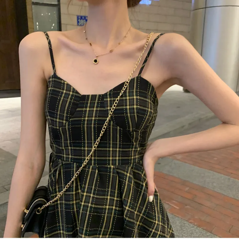 

Trendy Ins Fashion Streetwear Sleeveless Sexy Dress Women Japanese Style Plaid Ruffles Slim Sling High Waist Student Costume