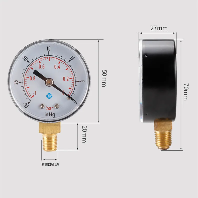 

52mm 1/8" BSPT -1-0bar -30-0inhg Dial Hydraulic Fluid Pressure Gauge Meter Double Scale Radial Measuring Tool for Air Compressor