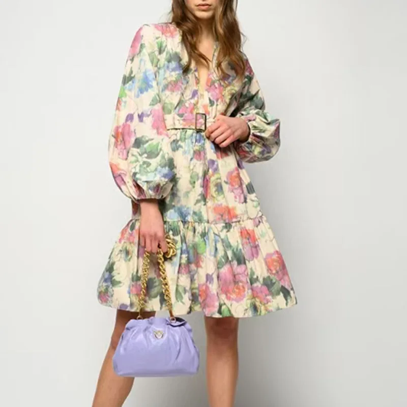 

French rural print dress 2021 summer personality v-neck hubble-bubble sleeve falbala splicing of tall waist a-line dress