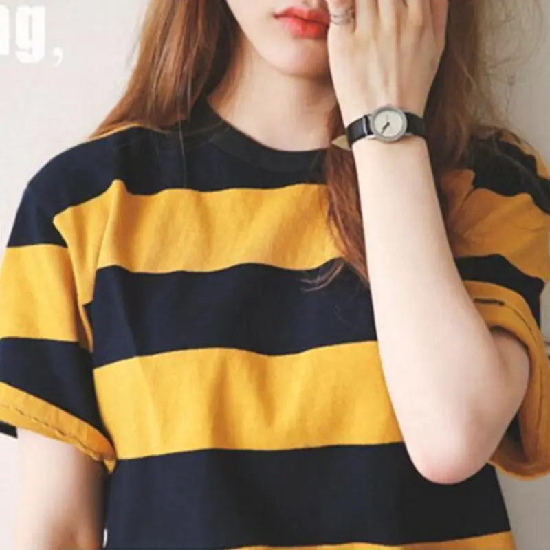 

Korean Wild Basic T Shirt Oversized Yellow Black Stripes Top Loose Tee Versatile Short Sleeve Camiseta XL Verano Vetements