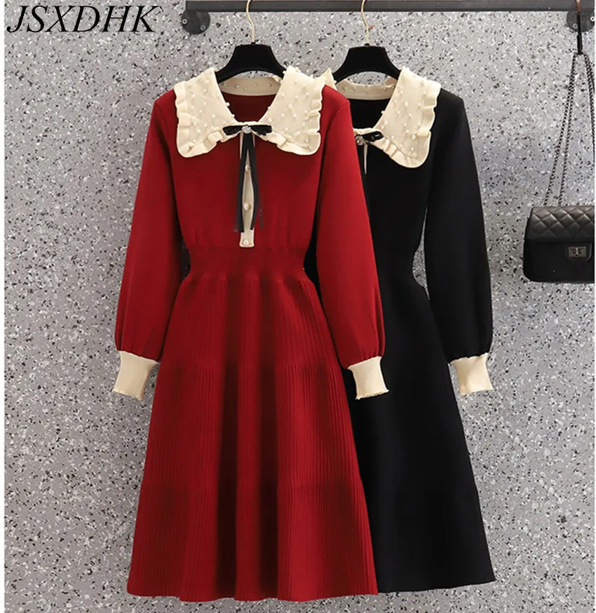 

Large Size Women Sweater Dresses 2021 New Autumn Winter Beaded Peter Pan Collar Knitted Diamonds Bow Fashion Slim Waist Dress