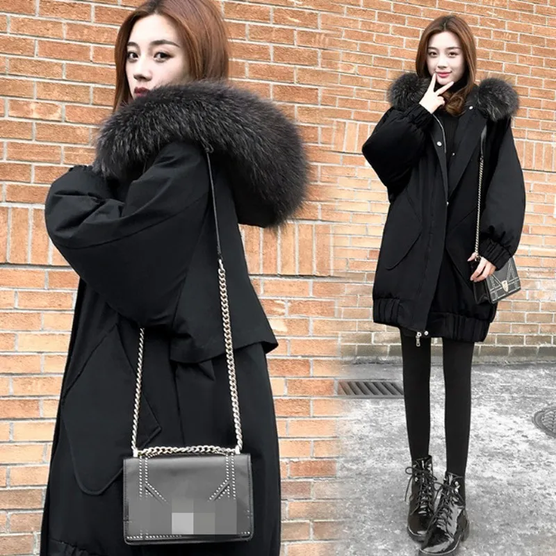 Женское хлопковое пальто средней длины Свободное с большим меховым воротником и