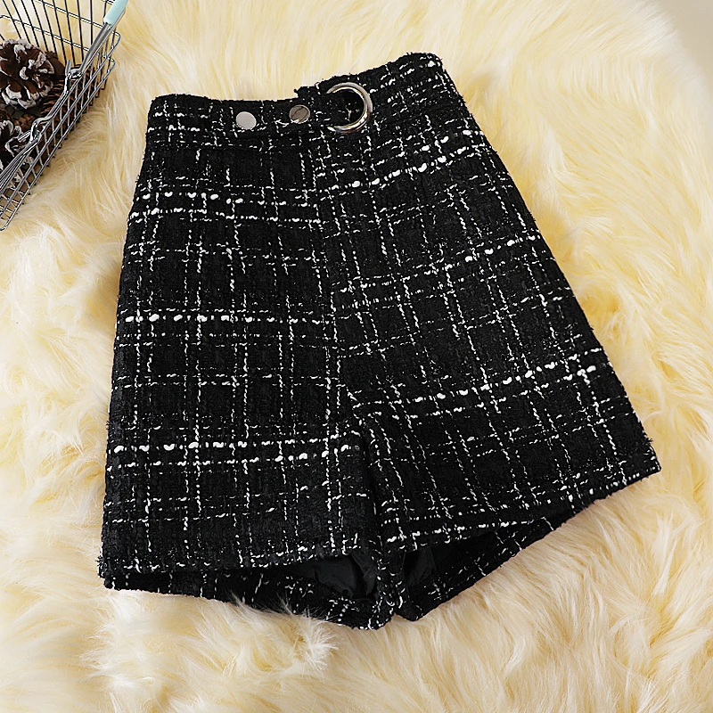 Шерстяные шорты в клетку для осени/зимы новый стиль большие размеры двубортные с