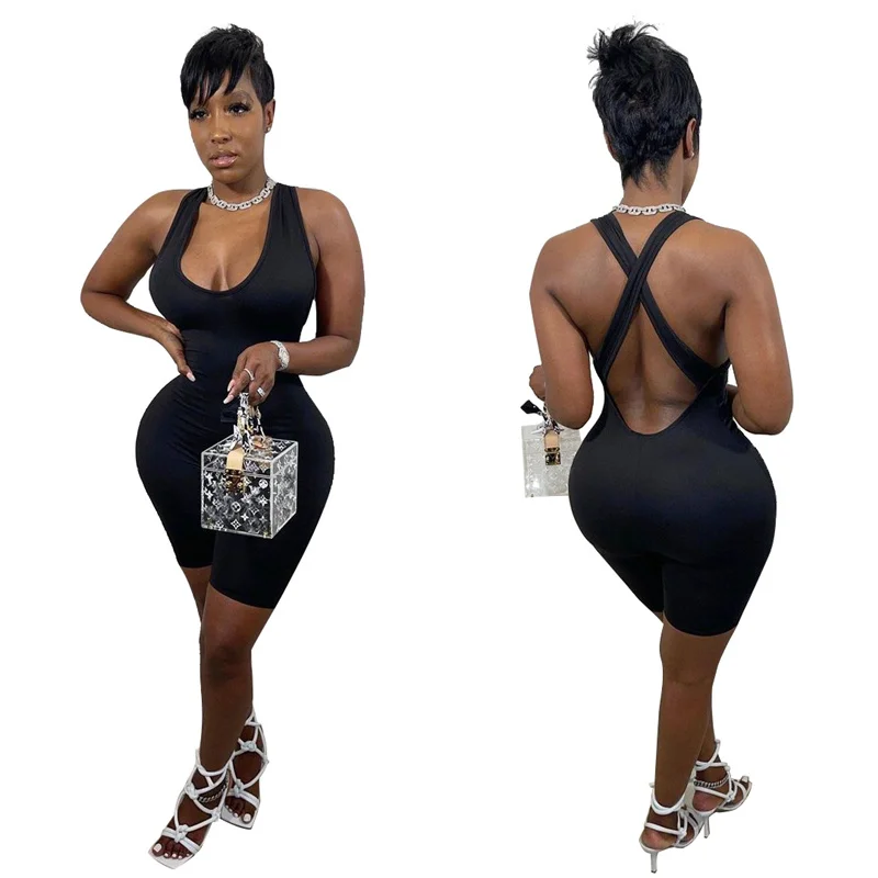 

Adogirl Women Solid Casual Playsuit Cross Backless Halter Jumpsuit Highly Stretchy Biker Romper Summer Sexy Tracksuit Overall