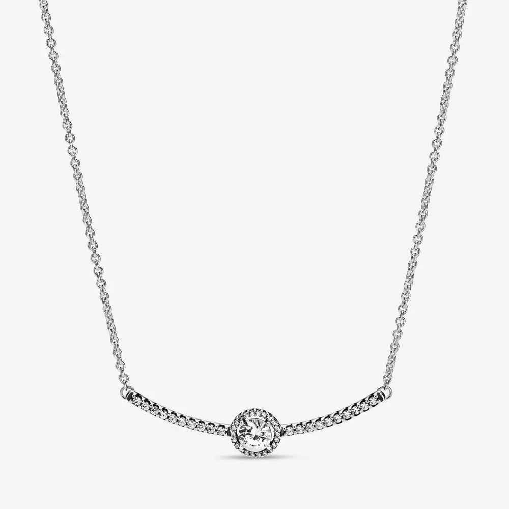 

Original Pans 925 Sterling Silver Timeless Elegance Crystal Round Sparkle Europe chains Necklaces Women Wedding Gift Jewelry