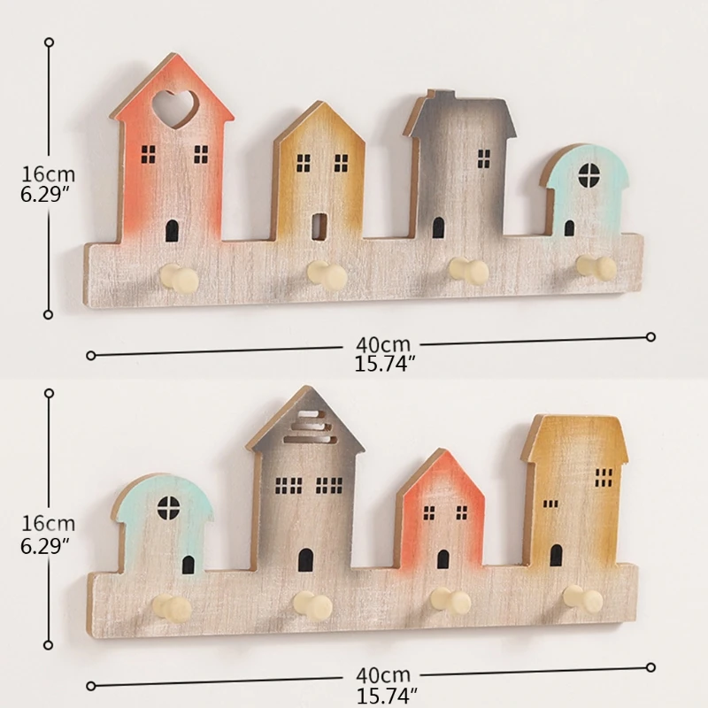

Cartoon Colorful House 4 Hooks Wall Mounted Coat Rack Wooden Clothes Pegs Smooth