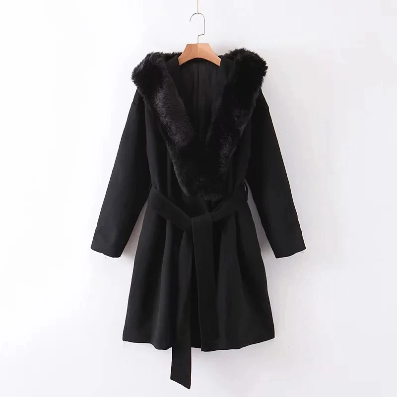 winter long za coat women england style vintage Wool collar splicing hooded oversize sashes thick woolen overcoat women