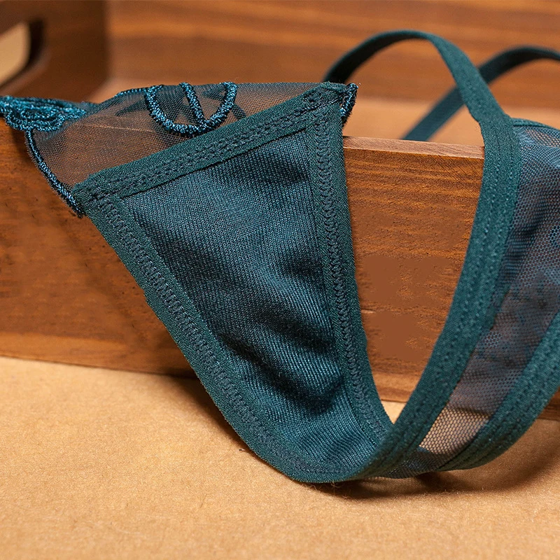 Сексуальные кружевные трусики танга женские с вышивкой из сетчатой пряжи