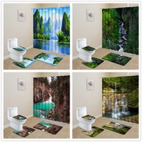 4 pcsset shower curtains summer forest green plants natural scenery bathroom toilet foot rug decor bath flannel mat carpet