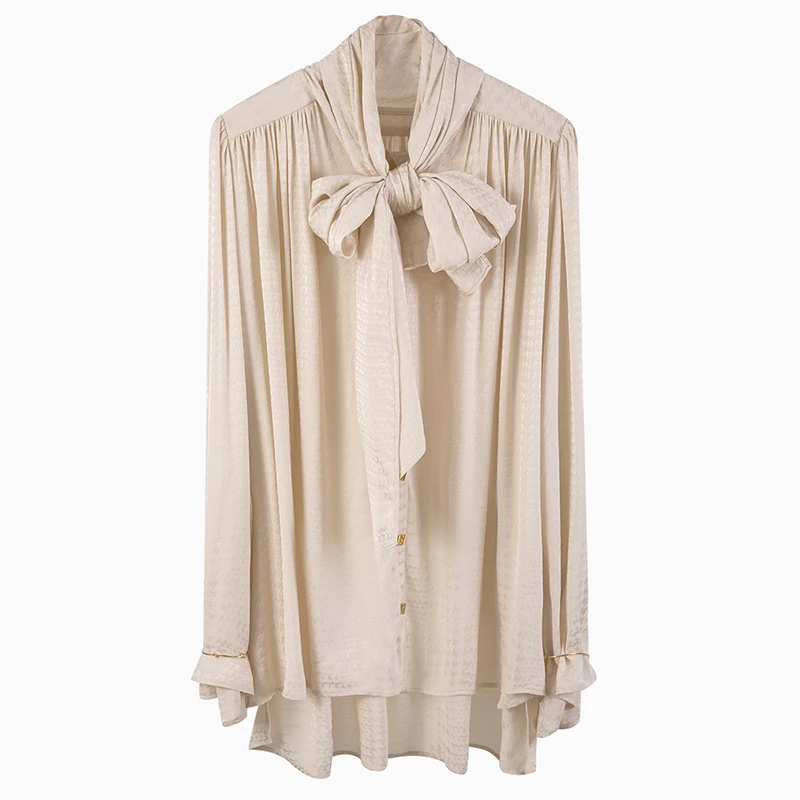 

VGH Casual Apricot Shirt For Women O Neck Lantern Long Sleeve Lace Up Bowknot Straight Blouses Female Summer Fashion 2021 Style