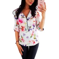 floral print zipper v neck half sleeve elegant work wear shirt women casual loose streetwear office fashion plus size blouses