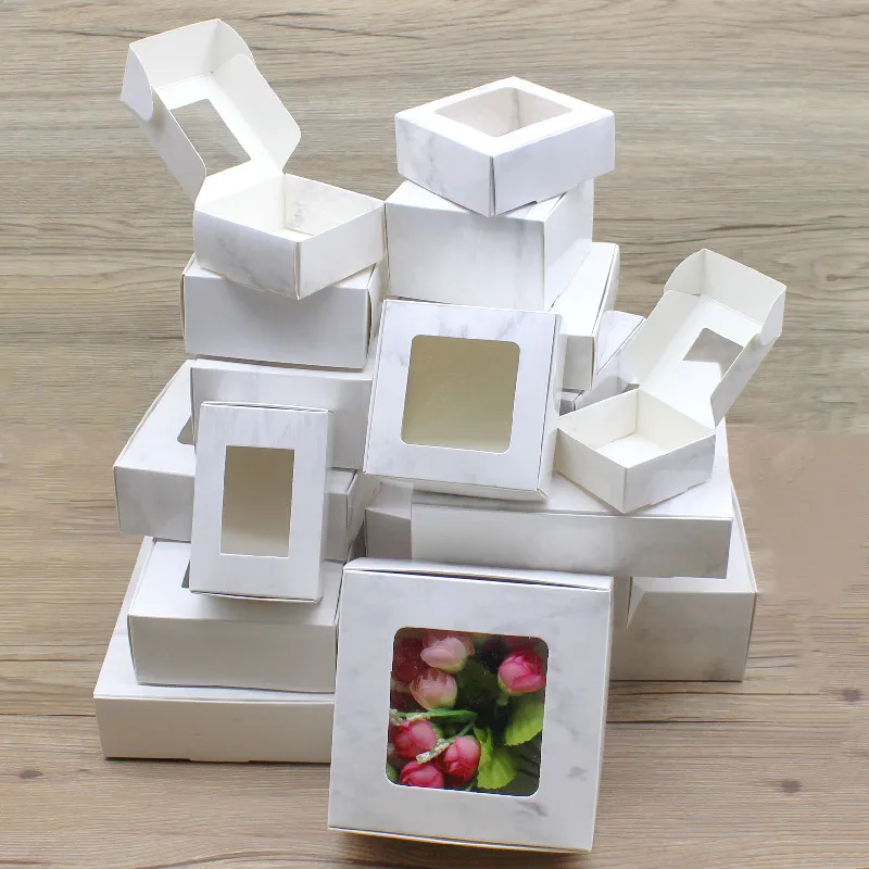 Белая мраморная коробка для витрины с 5-ю различными размерами для самостоятельной упаковки тортов/конфет на свадебное торжество.