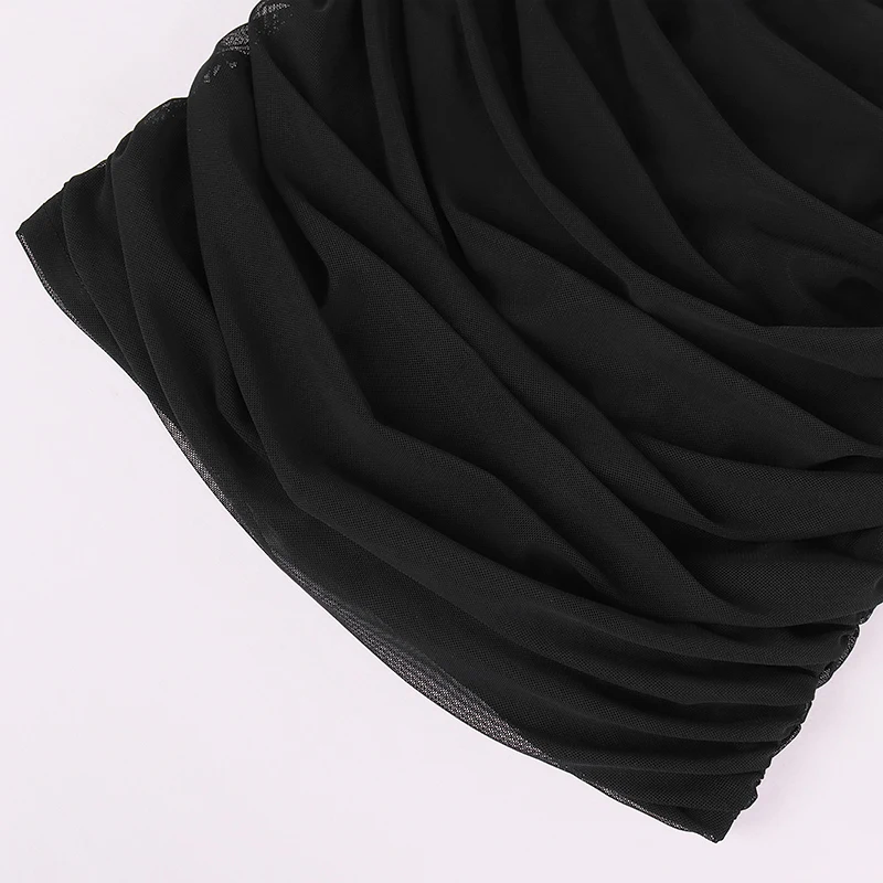 

NewAsia Black Midi Dress Sheer Cut out Ruched Square Neck Double Layer Elastic Backless Cross Slip Dress Woman Summer Party Robe