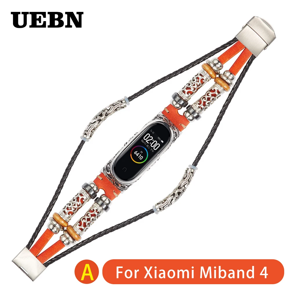 

UEBN Leather Retro watchband for miband 3 With metal embossed border Wriststrap DIY Bracelet For xiaomi miband 4 smart wristband