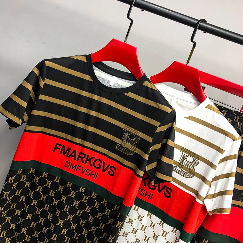 

Chao brand men's 2021 summer double mercerized cotton short sleeve shorts two piece stripe splicing fashion suit men