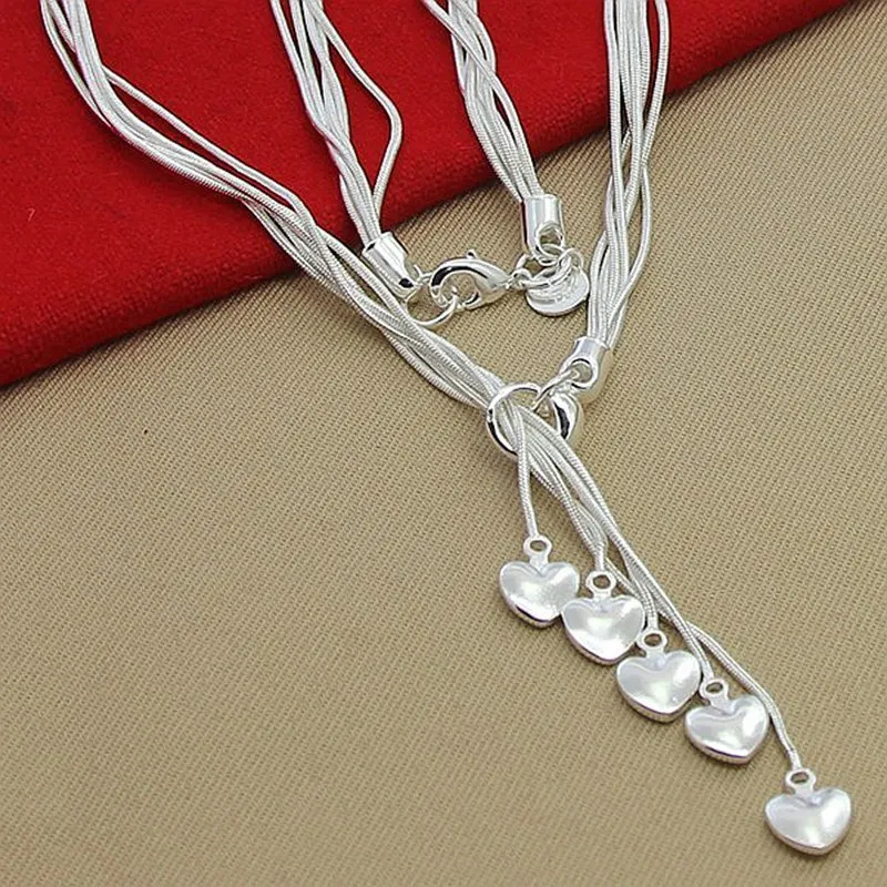 

LEKANI 925 Sterling Silver Five Snake Chain Hearts Necklace For Women Wedding Engagement Fine Jewelry