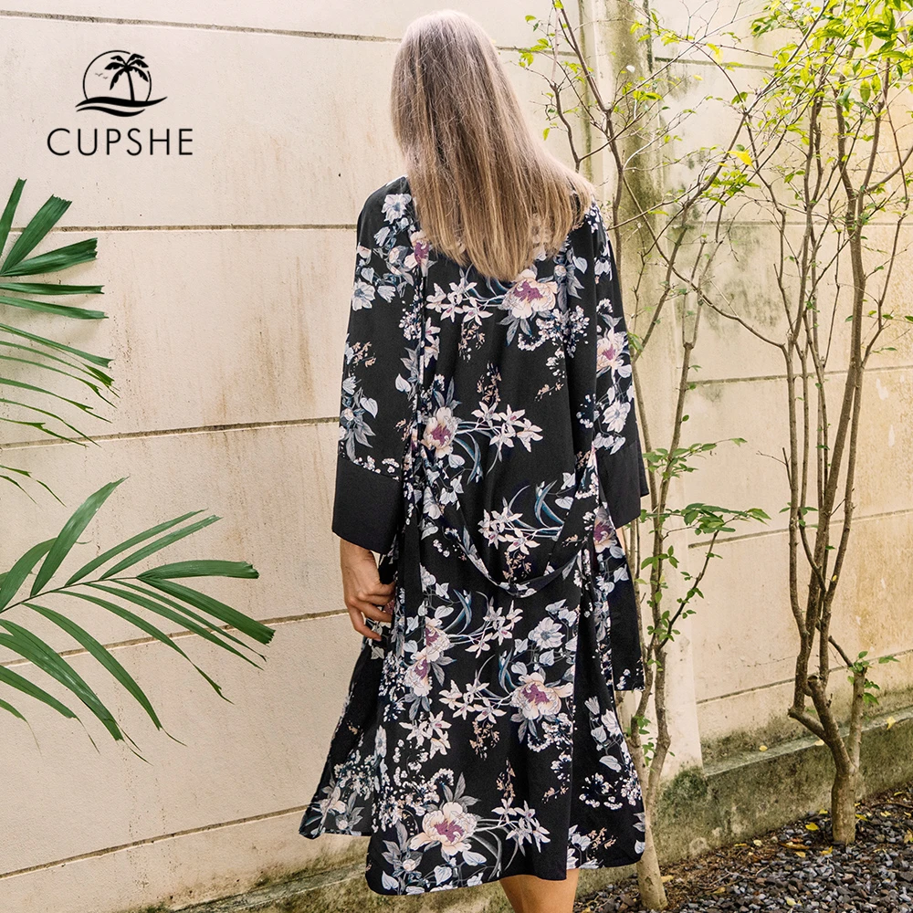 CUPSHE черный цветочный принт с длинным рукавом бикини накидка поясом халат накидки