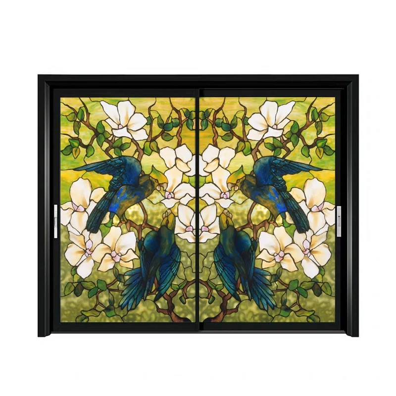 European Church Tiffany Style Glass Film Stained Window Films Opaque Static Cling Privacy Custom Size Stickers Hibiscus Parrots | Дом и сад