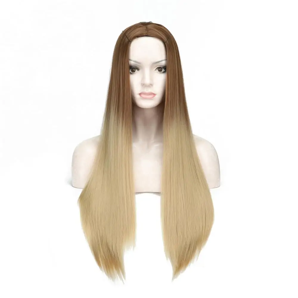 

Ombre Light Ash Brown Blonde Straight Wig Cosplay Party Daily Synthetic Wig for Women High Density Temperature Fibre