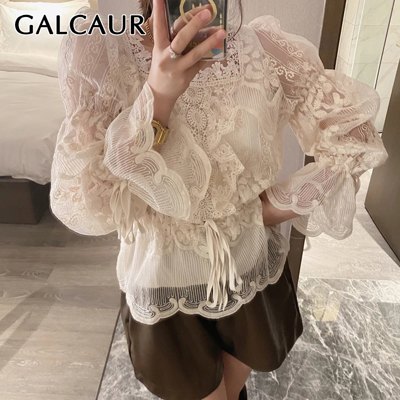 

Женская рубашка GALCAUR, повседневная, абрикосового цвета, с кружевными вставками, с квадратным вырезом и расклешенными рукавами, на осень, 2021