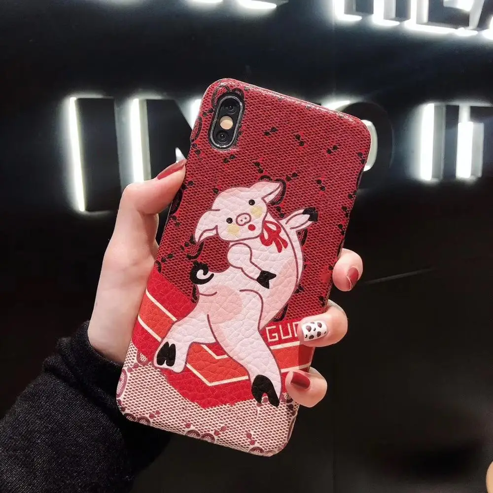 New year pig Роскошный жесткий кожаный чехол для мобильного телефона для iphone xsmax xs xr 7plus мультяшный медведь милая собака pc har pu кожаный чехол для телефона 8plus - Цвет: New year pig