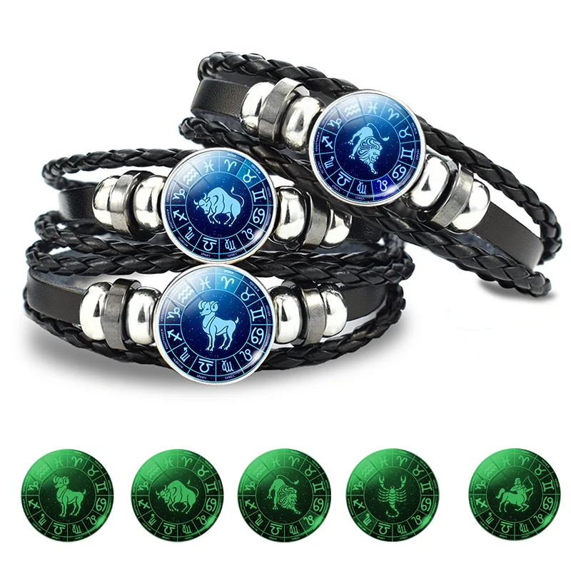 12 Constellation Zodiac Luminous Bracelet Men Leather Charm Bracelets for Boys Women Girl Jewelry Accessories Gifts | Украшения и