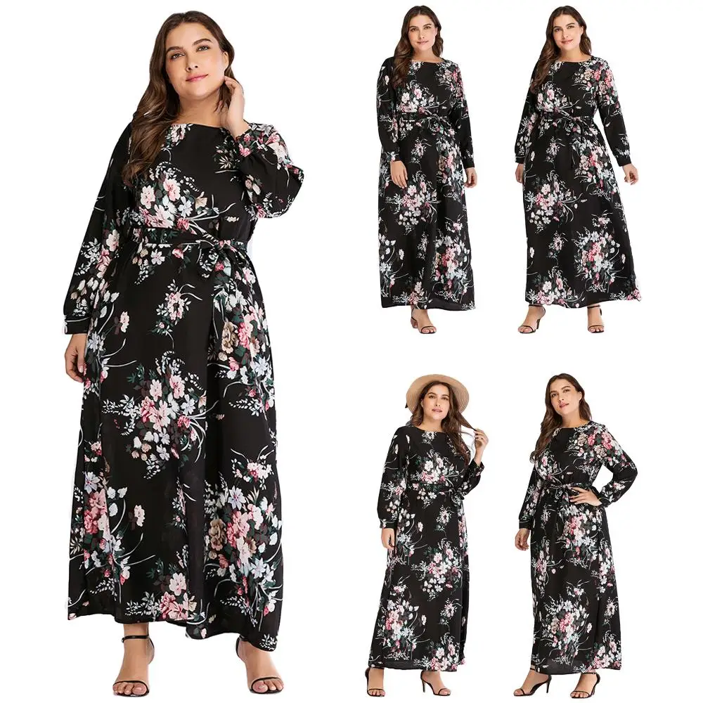 

New Women Muslim Floral Print Long Sleeve Dress Evening Party Casual Maxi Dresses Abaya Islamic Clothing Loose Black Plus Size