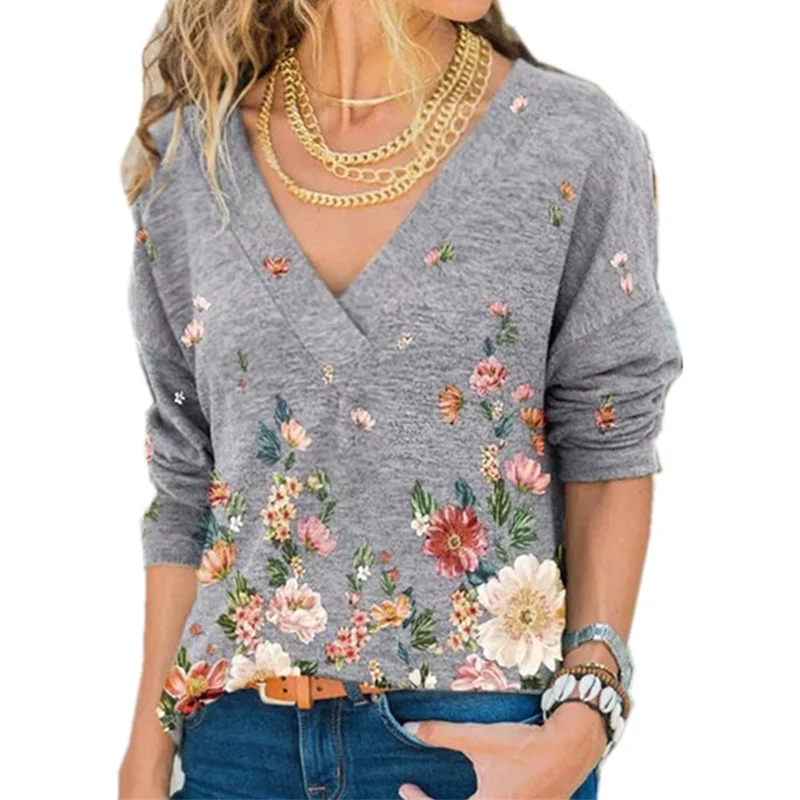 

Snake YX Women's Clothing Autumn and Winter New Fashion Women's V-neck Flower Print Long-sleeved Casual Loose T-shirt Plus Size