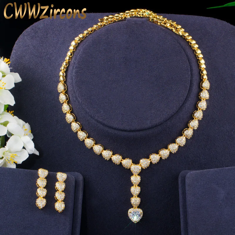 

CWWZircons Micro Pave Cubic Zircon Gold Color Love Heart Shape Drop Necklace Earrings Women Party Jewelry Set for Wedding T408